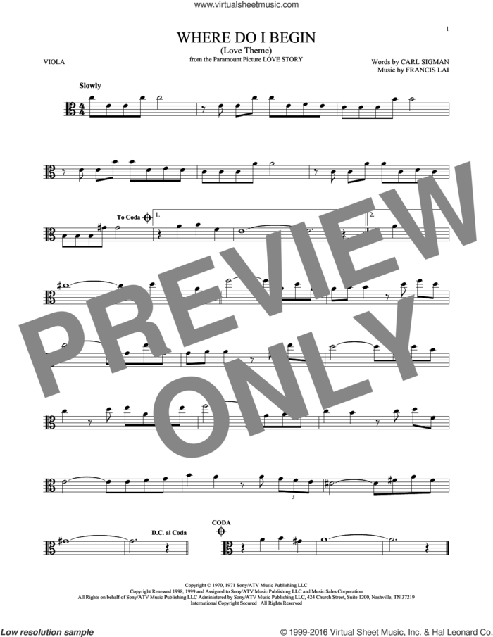 Where Do I Begin (Love Theme) sheet music for viola solo by Andy Williams, Carl Sigman and Francis Lai, intermediate skill level