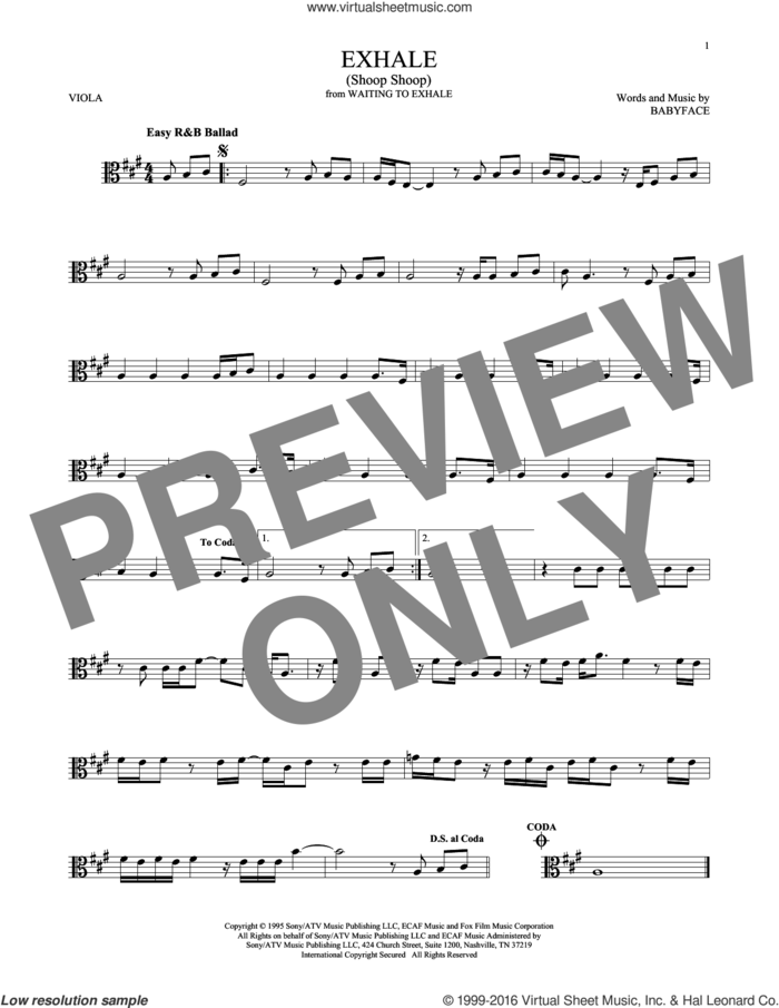 Exhale (Shoop Shoop) sheet music for viola solo by Whitney Houston and Babyface, intermediate skill level