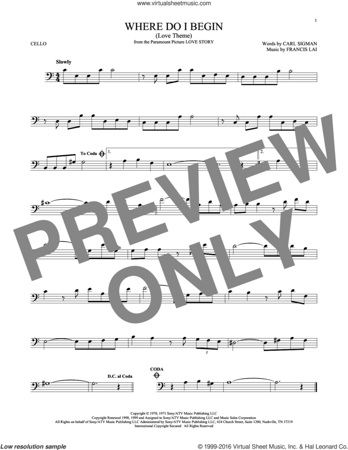 Where Do I Begin (Love Theme) sheet music for cello solo by Andy Williams, Carl Sigman and Francis Lai, intermediate skill level