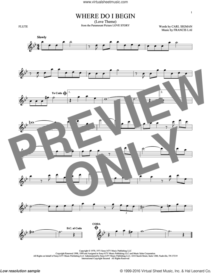 Where Do I Begin (Love Theme) sheet music for flute solo by Andy Williams, Carl Sigman and Francis Lai, intermediate skill level