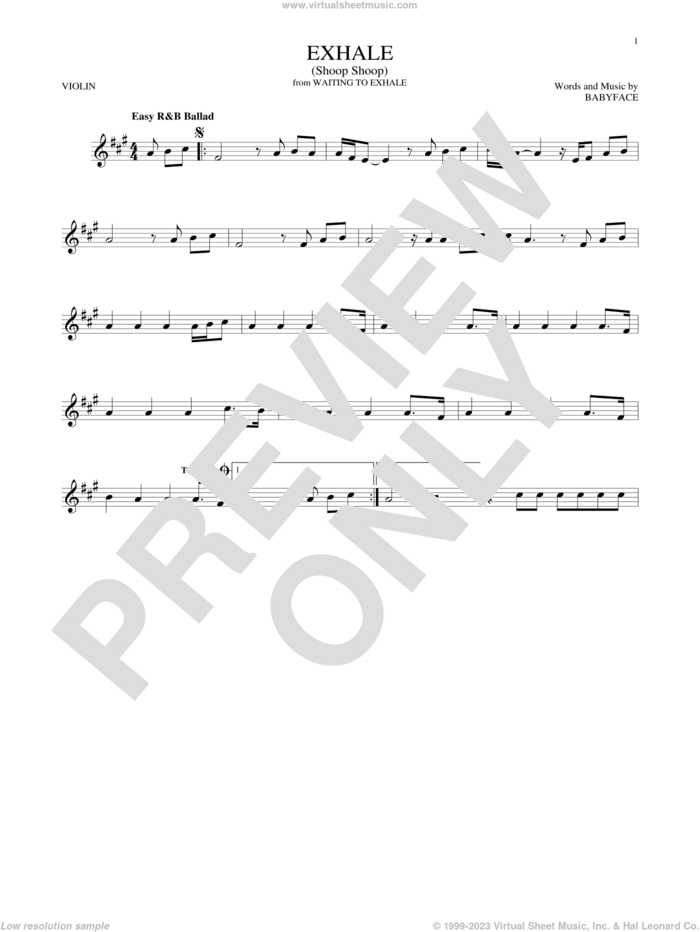 Exhale (Shoop Shoop) sheet music for violin solo by Whitney Houston and Babyface, intermediate skill level