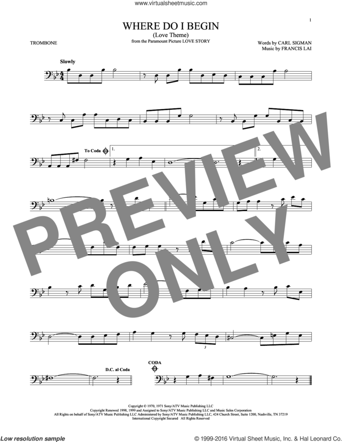 Where Do I Begin (Love Theme) sheet music for trombone solo by Andy Williams, Carl Sigman and Francis Lai, intermediate skill level