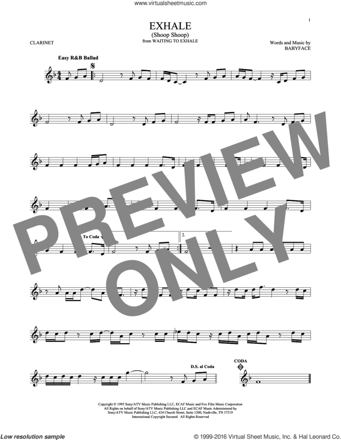 Exhale (Shoop Shoop) sheet music for clarinet solo by Whitney Houston and Babyface, intermediate skill level