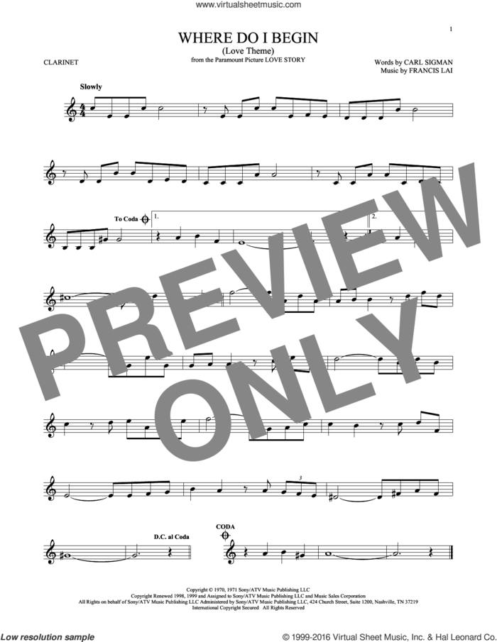 Where Do I Begin (Love Theme) sheet music for clarinet solo by Andy Williams, Carl Sigman and Francis Lai, intermediate skill level