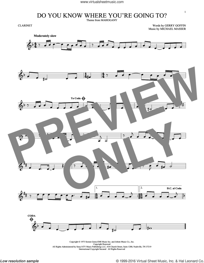 Do You Know Where You're Going To? sheet music for clarinet solo by Diana Ross, Gerry Goffin and Michael Masser, intermediate skill level