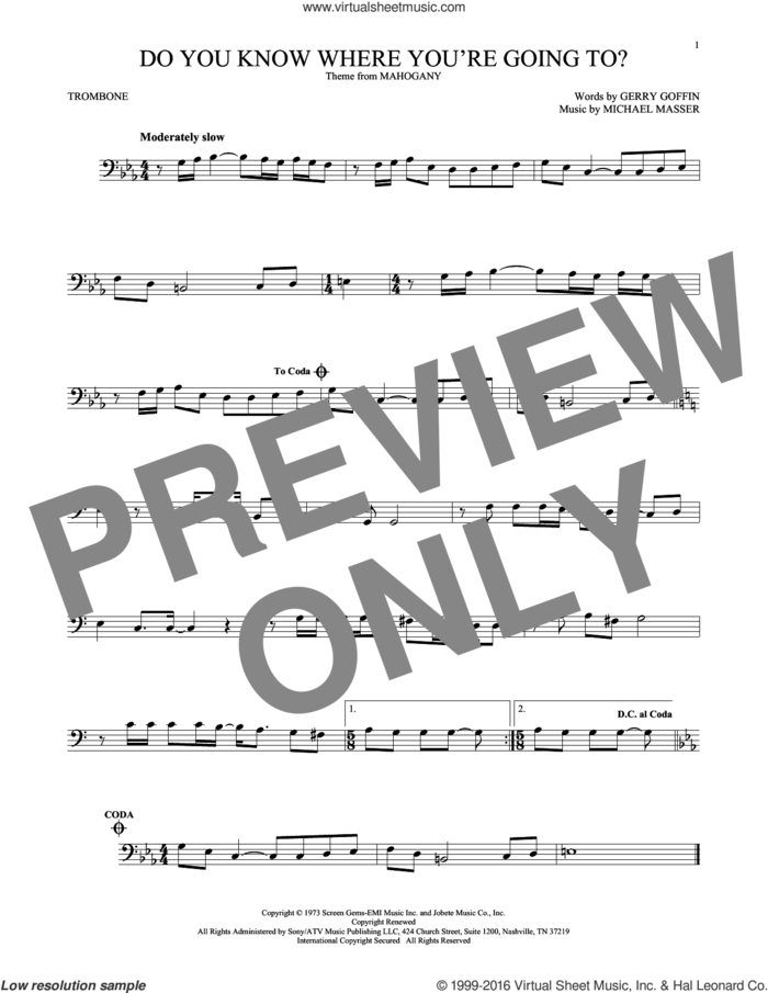 Do You Know Where You're Going To? sheet music for trombone solo by Diana Ross, Gerry Goffin and Michael Masser, intermediate skill level