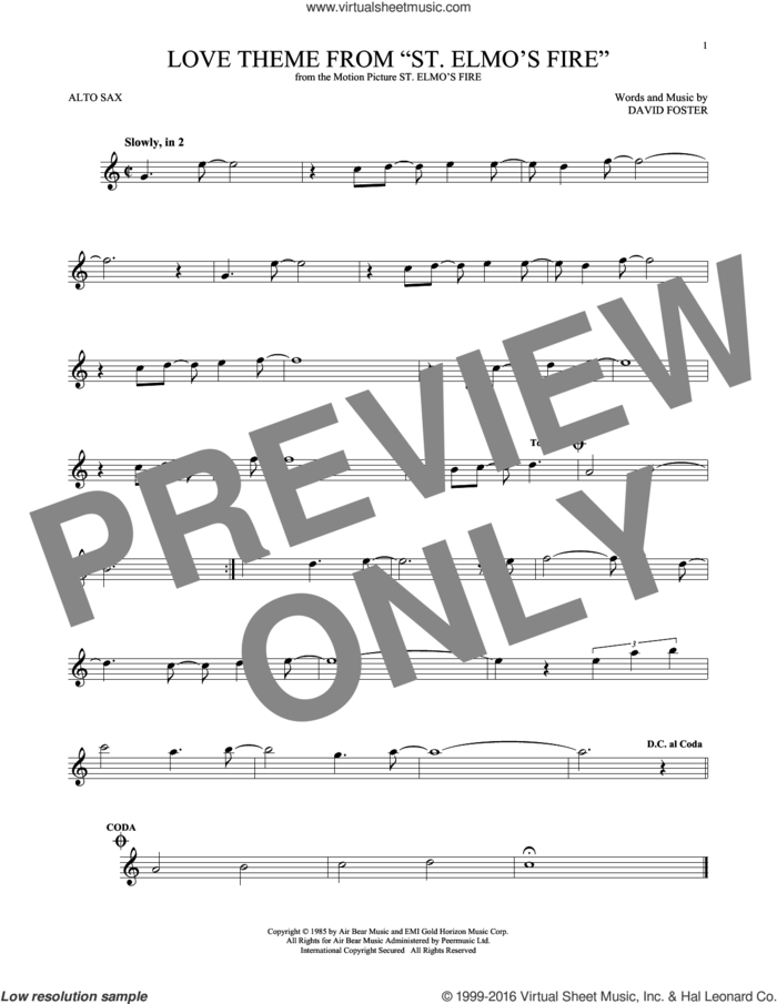 Love Theme From 'St. Elmo's Fire' sheet music for alto saxophone solo by David Foster, intermediate skill level