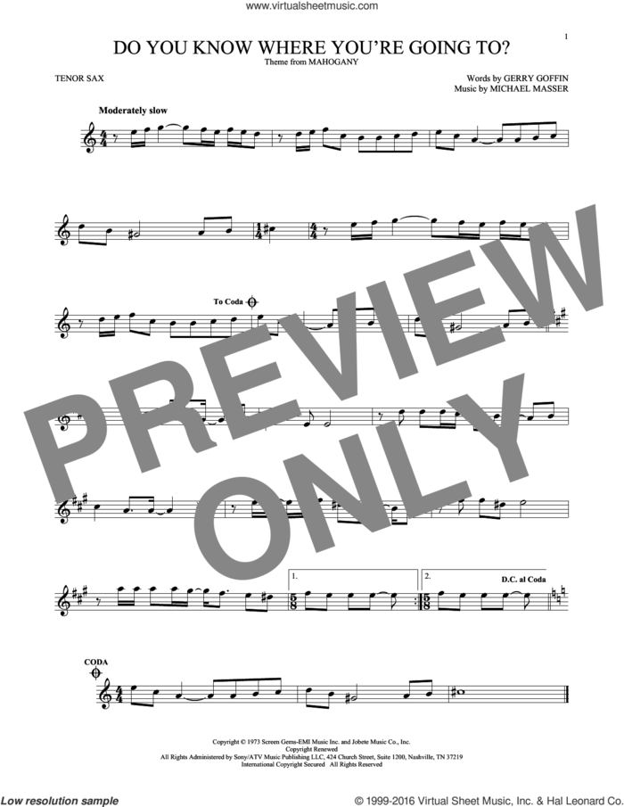 Do You Know Where You're Going To? sheet music for tenor saxophone solo by Diana Ross, Gerry Goffin and Michael Masser, intermediate skill level