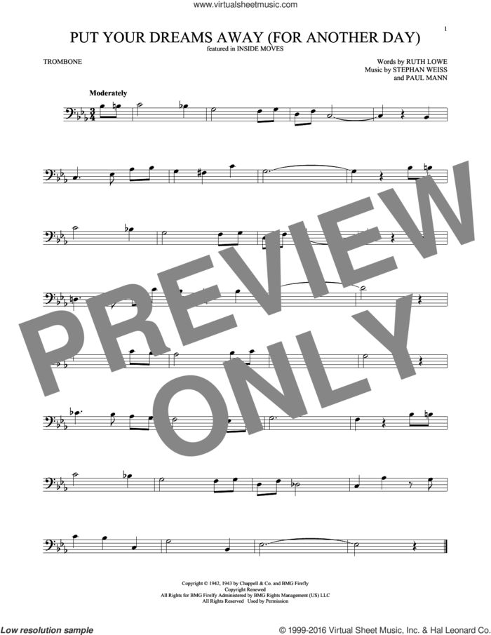 Put Your Dreams Away (For Another Day) sheet music for trombone solo by Frank Sinatra, Paul Mann, Ruth Lowe and Stephen Weiss, intermediate skill level