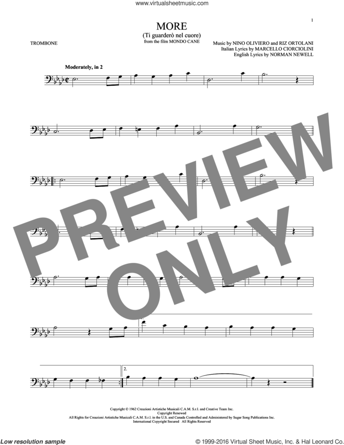 More (Ti Guardero Nel Cuore) sheet music for trombone solo by Norman Newell, Kai Winding, Marcello Ciorciolini, Nino Oliviero and Riz Ortolani, intermediate skill level