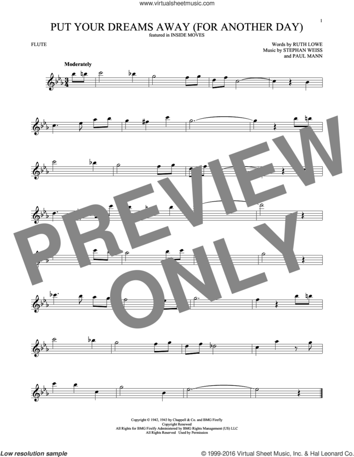 Put Your Dreams Away (For Another Day) sheet music for flute solo by Frank Sinatra, Paul Mann, Ruth Lowe and Stephen Weiss, intermediate skill level