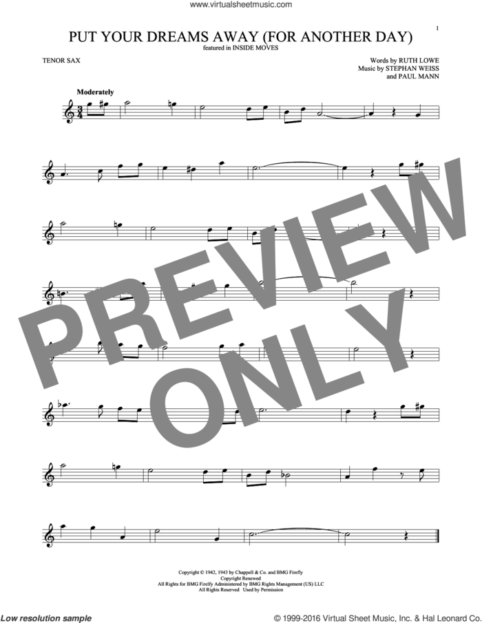 Put Your Dreams Away (For Another Day) sheet music for tenor saxophone solo by Frank Sinatra, Paul Mann, Ruth Lowe and Stephen Weiss, intermediate skill level