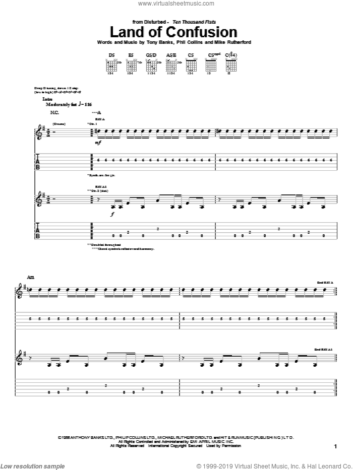 Land Of Confusion sheet music for guitar (tablature) by Phil Collins, Disturbed, Genesis, Mike Rutherford and Tony Banks, intermediate skill level