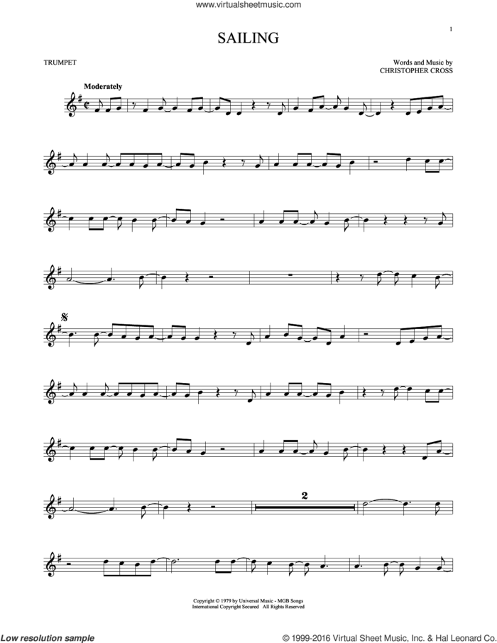 Sailing sheet music for trumpet solo by 'N Sync and Christopher Cross, intermediate skill level