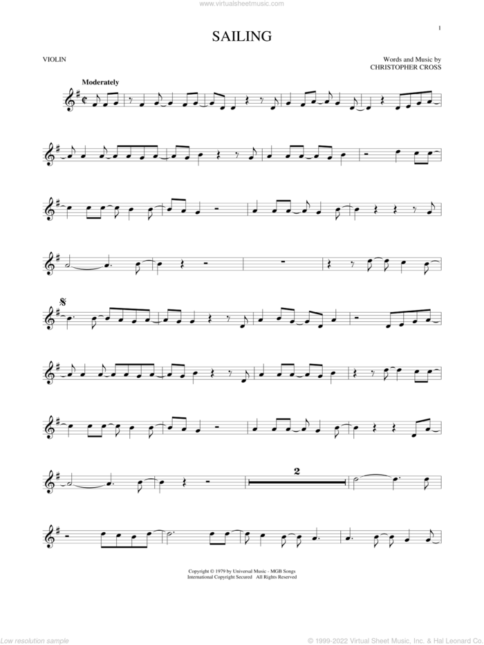Sailing sheet music for violin solo by 'N Sync and Christopher Cross, intermediate skill level