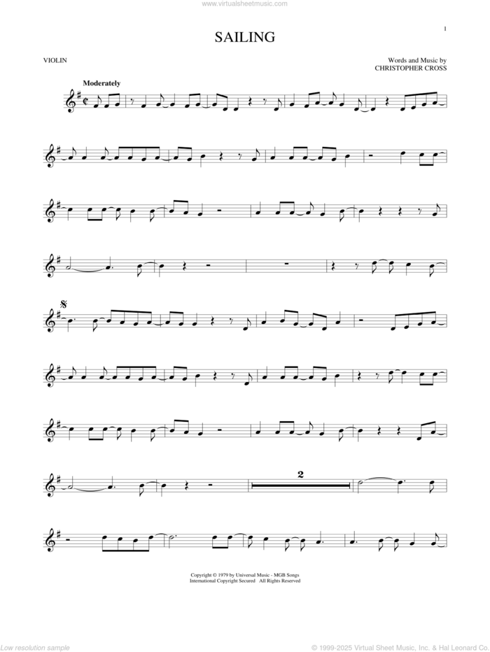 Sailing sheet music for violin solo by 'N Sync and Christopher Cross, intermediate skill level