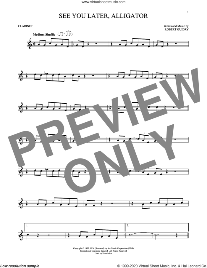 See You Later, Alligator sheet music for clarinet solo by Bill Haley & His Comets and Robert Guidry, intermediate skill level