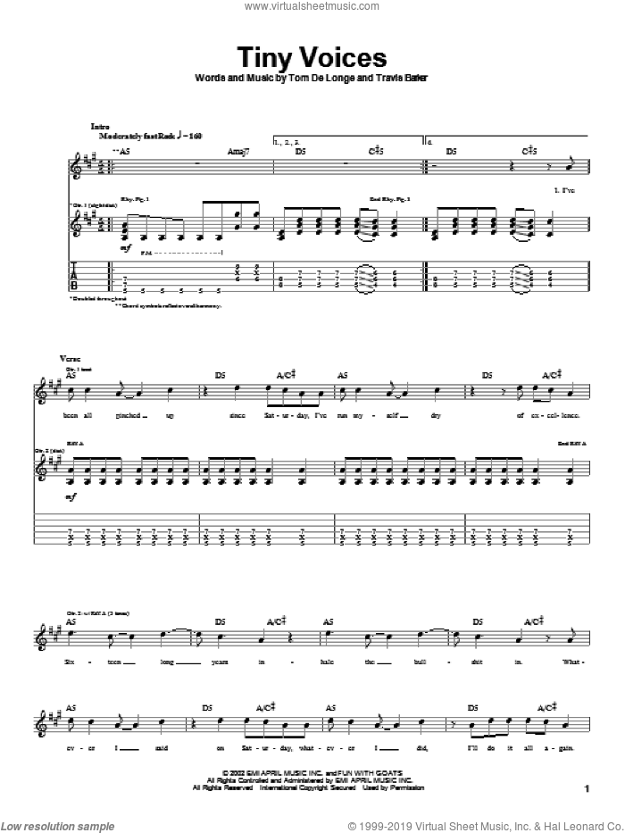 Tiny Voices sheet music for guitar (tablature) by Box Car Racer, Tom DeLonge and Travis Barker, intermediate skill level