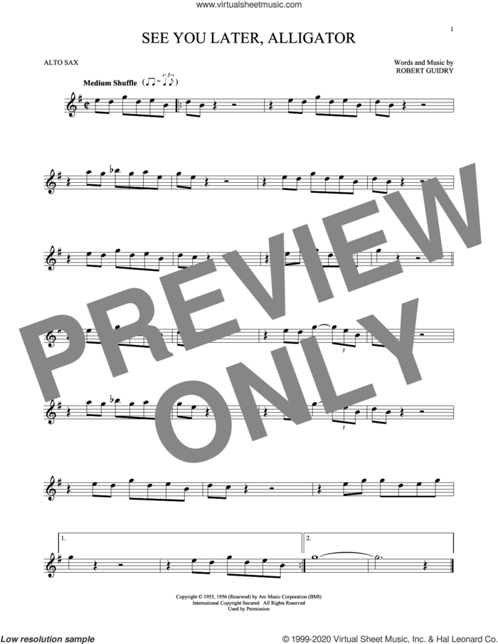 See You Later, Alligator sheet music for alto saxophone solo by Bill Haley & His Comets and Robert Guidry, intermediate skill level