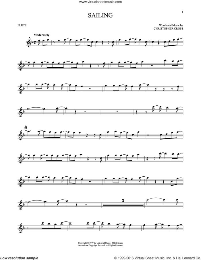 Sailing sheet music for flute solo by 'N Sync and Christopher Cross, intermediate skill level