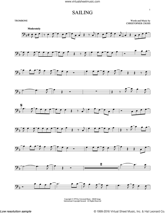 Sailing sheet music for trombone solo by 'N Sync and Christopher Cross, intermediate skill level