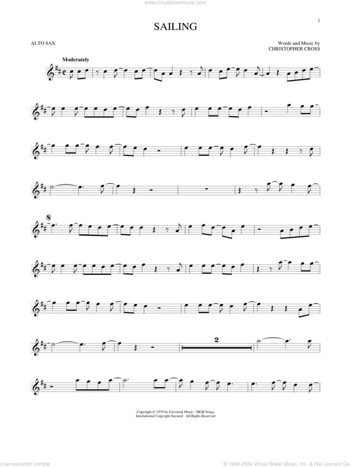 Sailing sheet music for alto saxophone solo by 'N Sync and Christopher Cross, intermediate skill level