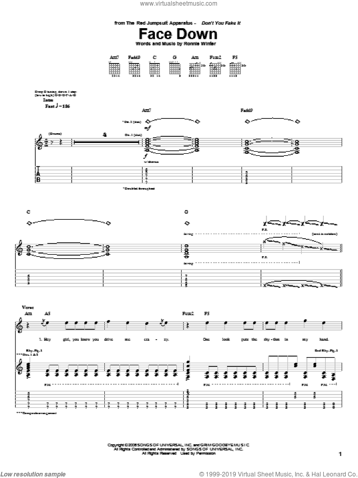 Face Down sheet music for guitar (tablature) by The Red Jumpsuit Apparatus and Ronnie Winter, intermediate skill level