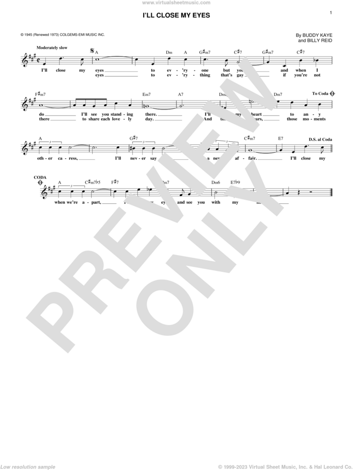 I'll Close My Eyes sheet music for voice and other instruments (fake book) by Buddy Kaye and Billy Reid, intermediate skill level