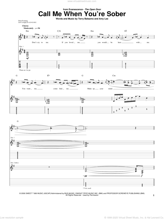 Call Me When You're Sober sheet music for guitar (tablature) by Evanescence, Amy Lee and Terry Balsamo, intermediate skill level