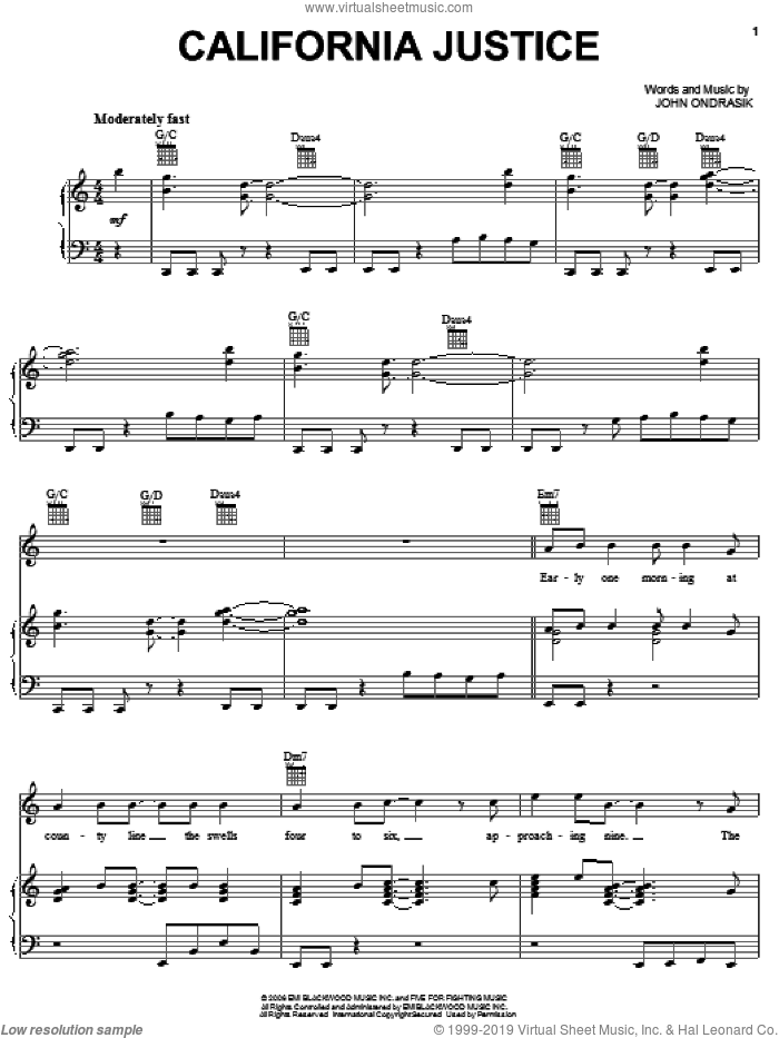 California Justice sheet music for voice, piano or guitar by Five For Fighting and John Ondrasik, intermediate skill level
