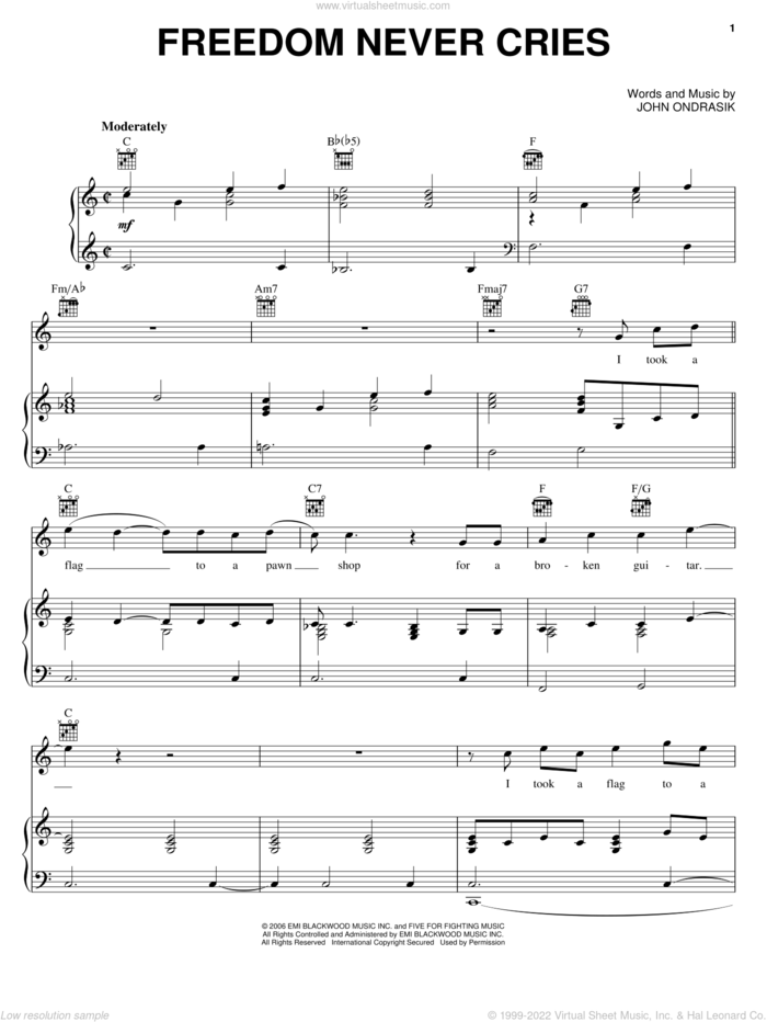 Freedom Never Cries sheet music for voice, piano or guitar by Five For Fighting and John Ondrasik, intermediate skill level