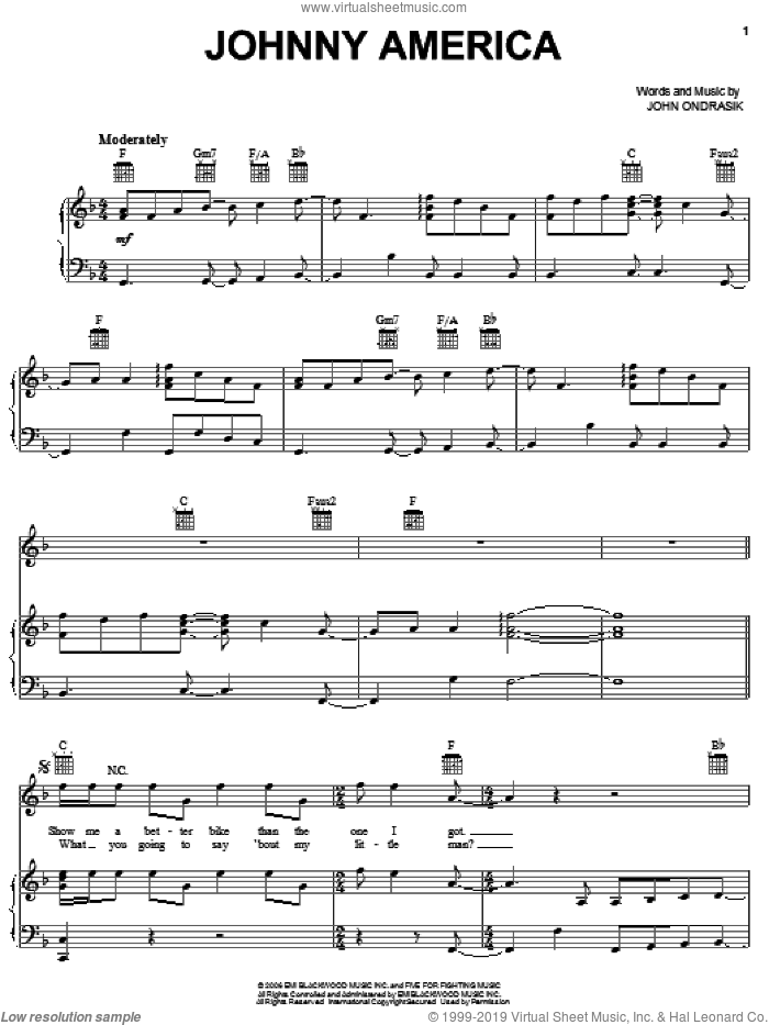 Johnny America sheet music for voice, piano or guitar by Five For Fighting and John Ondrasik, intermediate skill level