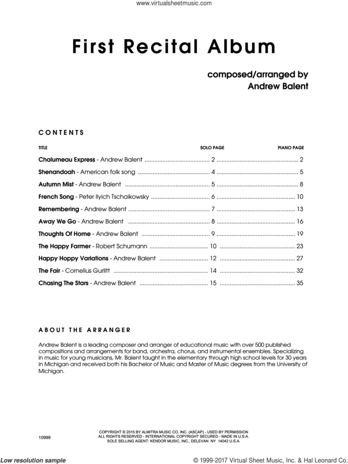 First Recital Album (complete set of parts) sheet music for clarinet and piano by Andrew Balent, intermediate skill level