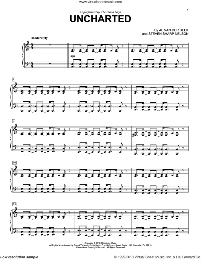 Uncharted sheet music for piano solo by The Piano Guys, Al van der Beek and Steven Sharp Nelson, intermediate skill level