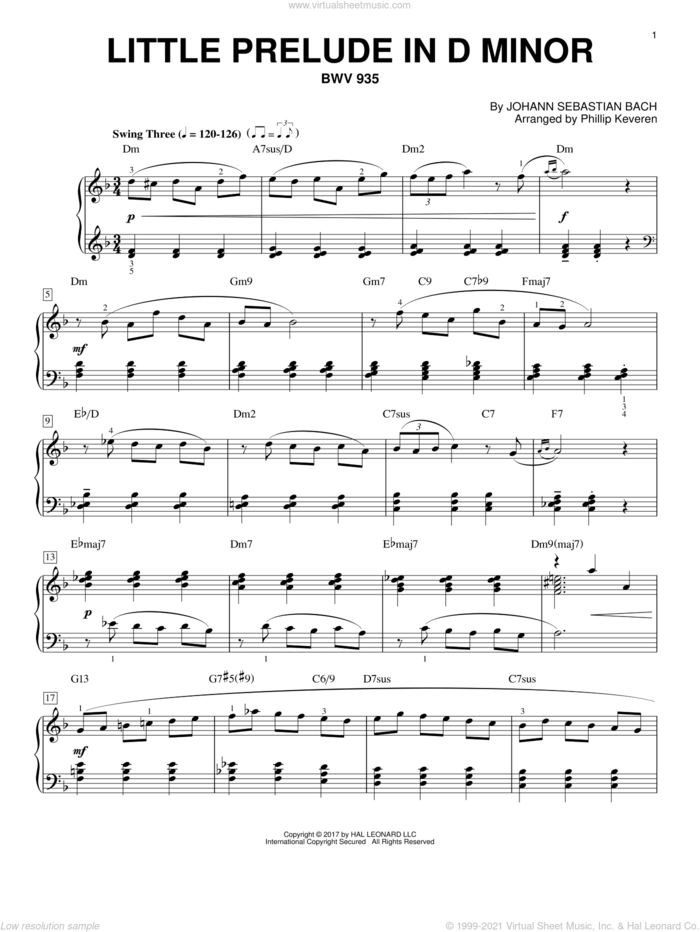 Little Prelude In D Minor, BWV 935 [Jazz version] (arr. Phillip Keveren) sheet music for piano solo by Johann Sebastian Bach and Phillip Keveren, classical score, intermediate skill level