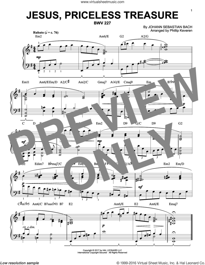 Jesus, Priceless Treasure, BWV 227 [Jazz version] (arr. Phillip Keveren) sheet music for piano solo by Johann Sebastian Bach and Phillip Keveren, classical score, intermediate skill level