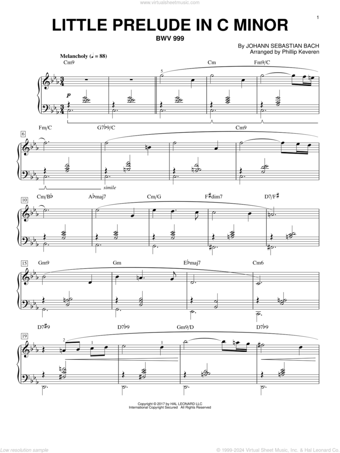 Little Prelude in C Minor, BWV 999 [Jazz version] (arr. Phillip Keveren) sheet music for piano solo by Johann Sebastian Bach and Phillip Keveren, classical score, intermediate skill level