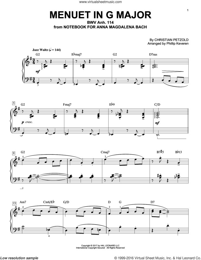 Menuet In G Major, BWV Anh. 114 [Jazz version] (arr. Phillip Keveren) sheet music for piano solo by Johann Sebastian Bach, Phillip Keveren and Christian Petzold, classical score, intermediate skill level