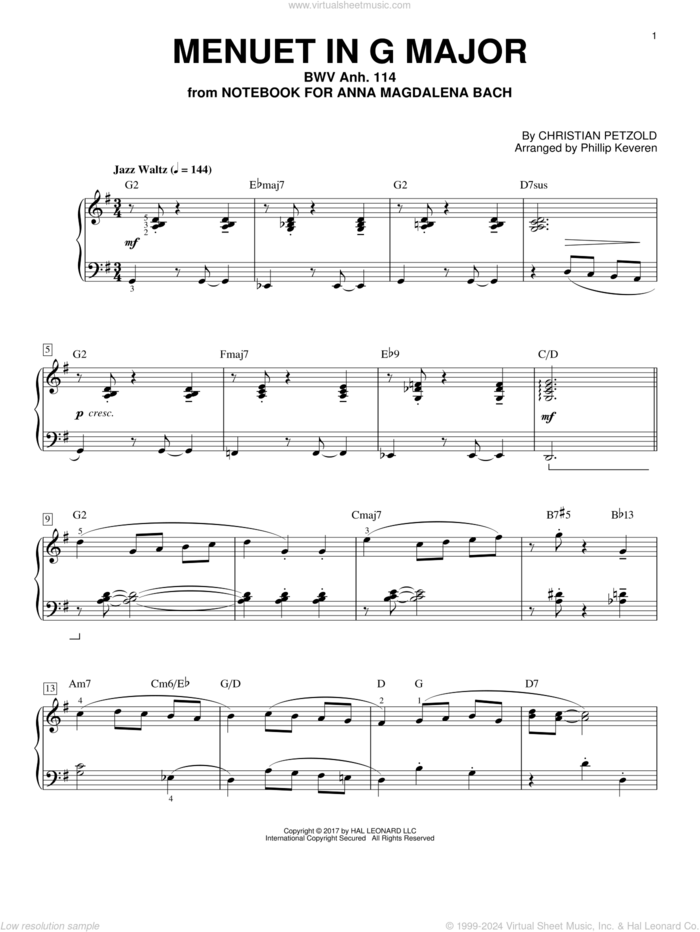 Menuet In G Major, BWV Anh. 114 [Jazz version] (arr. Phillip Keveren) sheet music for piano solo by Johann Sebastian Bach, Phillip Keveren and Christian Petzold, classical score, intermediate skill level