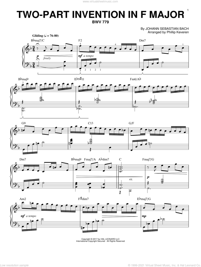 Two-Part Invention In F Major, BWV 779 [Jazz version] (arr. Phillip Keveren) sheet music for piano solo by Johann Sebastian Bach and Phillip Keveren, classical score, intermediate skill level