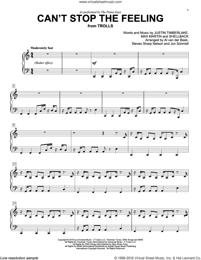 Can't Stop The Feeling sheet music for piano solo by The Piano Guys, Johan Schuster, Justin Timberlake, Max Martin and Shellback, intermediate skill level