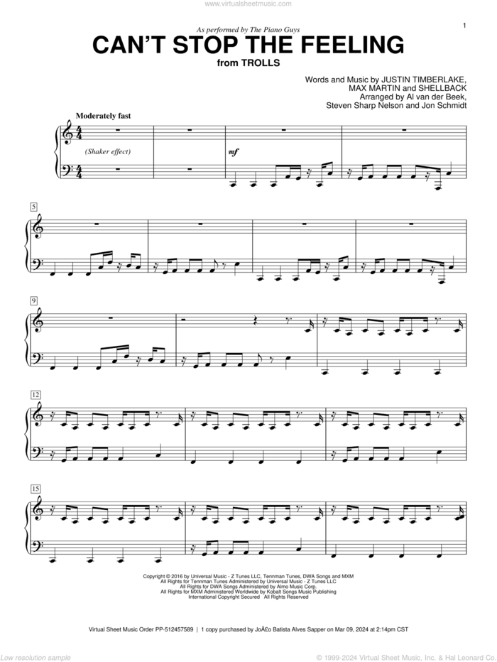 Can't Stop The Feeling sheet music for piano solo by The Piano Guys, Johan Schuster, Justin Timberlake, Max Martin and Shellback, intermediate skill level