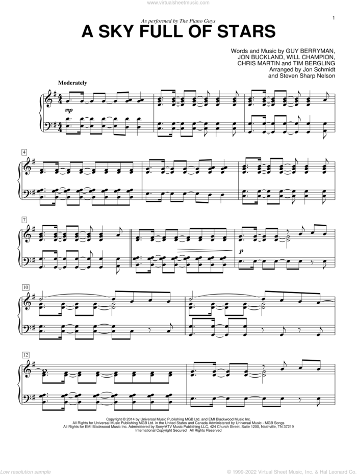 A Sky Full Of Stars sheet music for piano solo by The Piano Guys, Coldplay, Chris Martin, Guy Berryman, Jon Buckland, Tim Bergling and Will Champion, wedding score, intermediate skill level