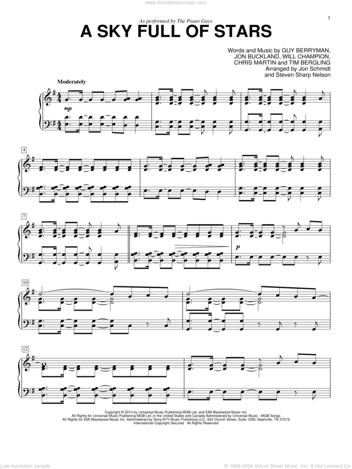 A Sky Full Of Stars sheet music for piano solo by The Piano Guys, Coldplay, Chris Martin, Guy Berryman, Jon Buckland, Tim Bergling and Will Champion, wedding score, intermediate skill level