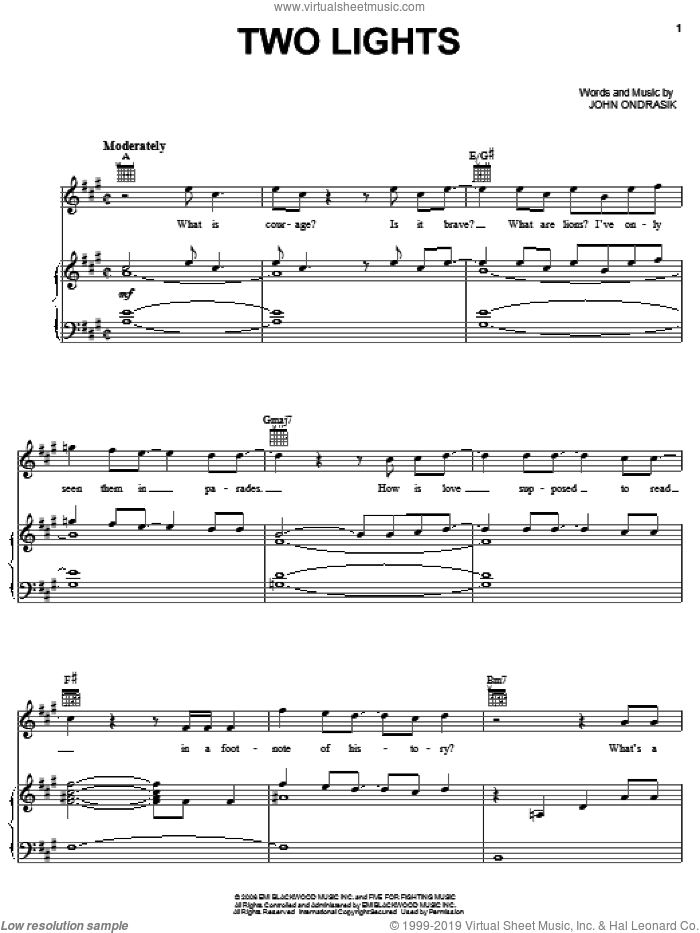 Two Lights sheet music for voice, piano or guitar by Five For Fighting and John Ondrasik, intermediate skill level