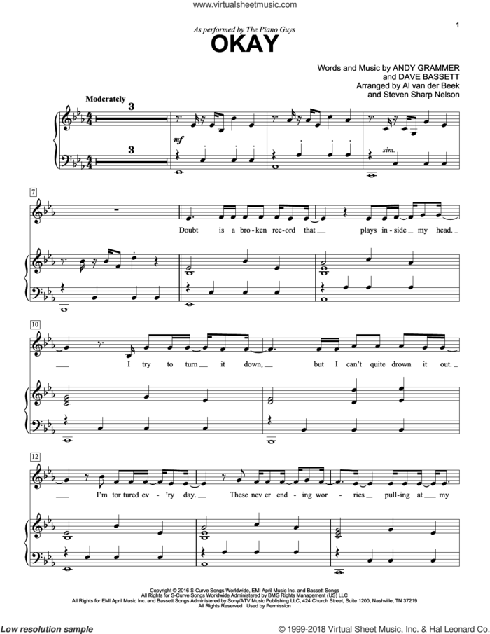 Okay sheet music for piano solo by The Piano Guys, Andy Grammer and Dave Bassett, intermediate skill level