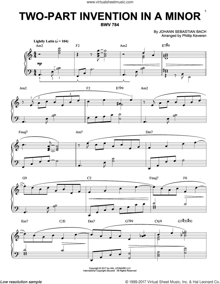 Two-Part Invention In A Minor, BWV 784 [Jazz version] (arr. Phillip Keveren) sheet music for piano solo by Johann Sebastian Bach and Phillip Keveren, classical score, intermediate skill level