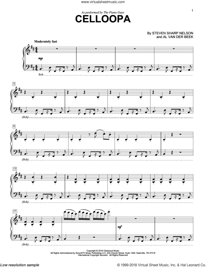 Celloopa sheet music for piano solo by The Piano Guys, Al van der Beek and Steven Sharp Nelson, intermediate skill level