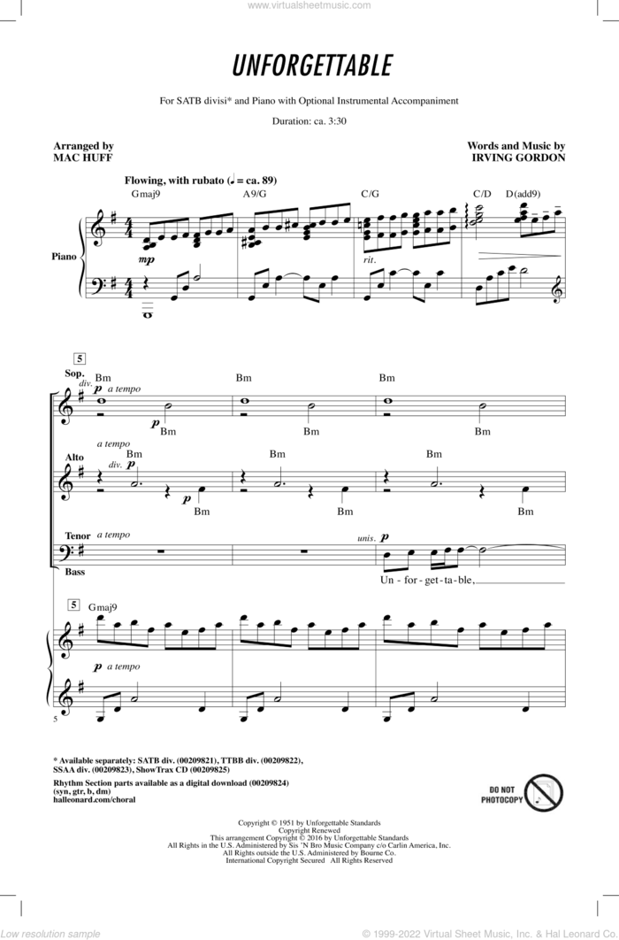 Unforgettable (arr. Mac Huff) sheet music for choir (SATB: soprano, alto, tenor, bass) by Louis Armstrong, Mac Huff, Dinah Washington, Irving Gordon and Natalie Cole, wedding score, intermediate skill level