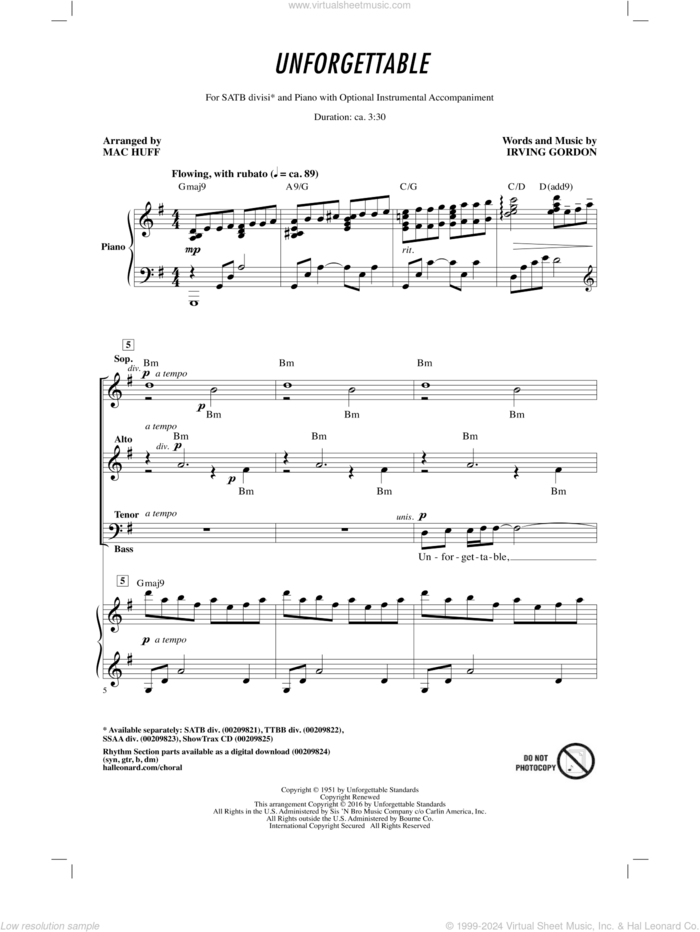 Unforgettable (arr. Mac Huff) sheet music for choir (SATB: soprano, alto, tenor, bass) by Louis Armstrong, Mac Huff, Dinah Washington, Irving Gordon and Natalie Cole, wedding score, intermediate skill level